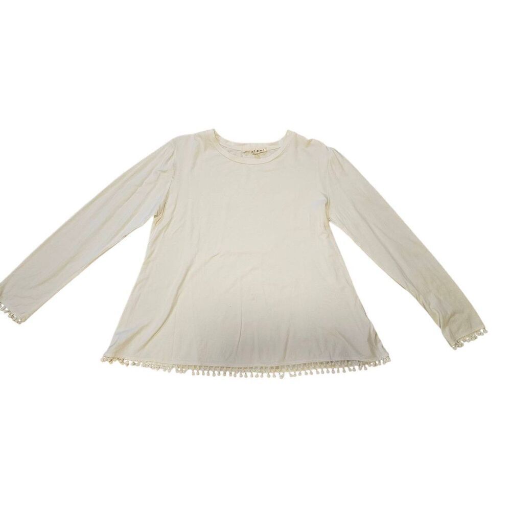 Johnny Was Calme White Pom Pom Bamboo Crew Neck Long Sleeve Tee
